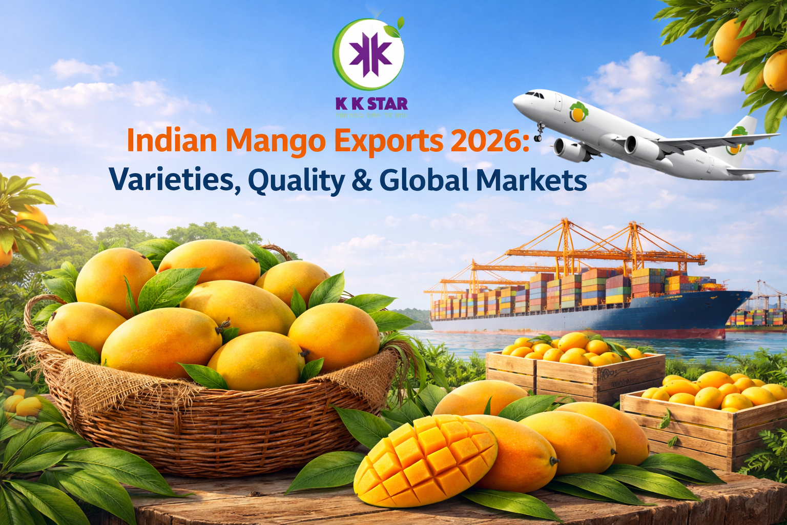 Fresh Indian mangoes prepared for export with cargo ship and airplane symbolizing global mango trade from India