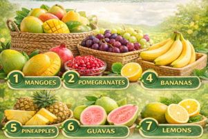 Top 10 Indian fruits shaping the future of agricultural exports including mangoes, pomegranates, bananas, pineapples, guavas, lemons, papayas, lychees, and watermelons, by KK Star