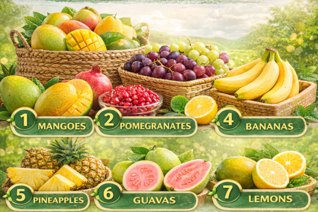 Top 10 Indian fruits shaping the future of agricultural exports including mangoes, pomegranates, bananas, pineapples, guavas, lemons, papayas, lychees, and watermelons, by KK Star