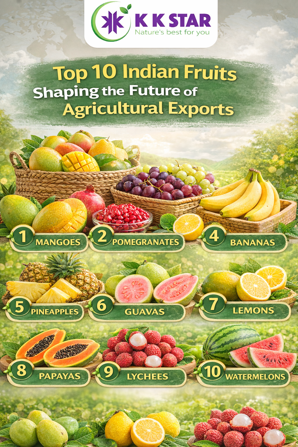 Top 10 Indian fruits shaping the future of agricultural exports including mangoes, pomegranates, bananas, pineapples, guavas, lemons, papayas, lychees, and watermelons, by KK Star