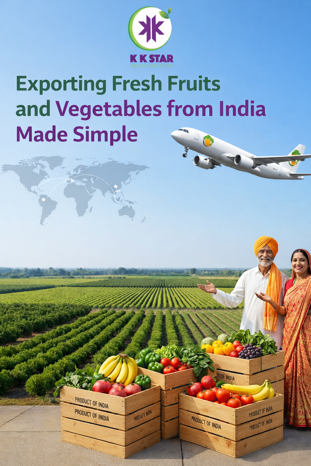 Exporting fresh fruits and vegetables from India with KK Star showcasing global agricultural exports, farm produce, and air cargo logistics